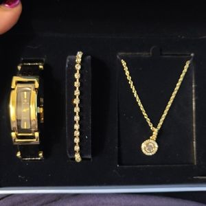Bella & Rose 3 piece jewlwey set. Black watch, tennis bracelet, and necklace